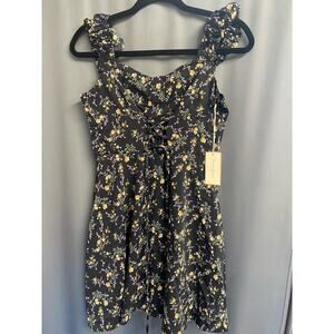Threads & States  Black Floral Fit Flare Mini Dress Front Tie Sz S NWT (b39.5)